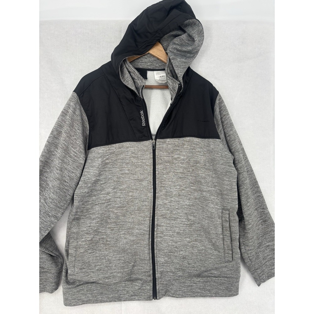 Reebok Hoodie XL Full Zip Hooded Grey Black Elbow Patches Pockets Warm